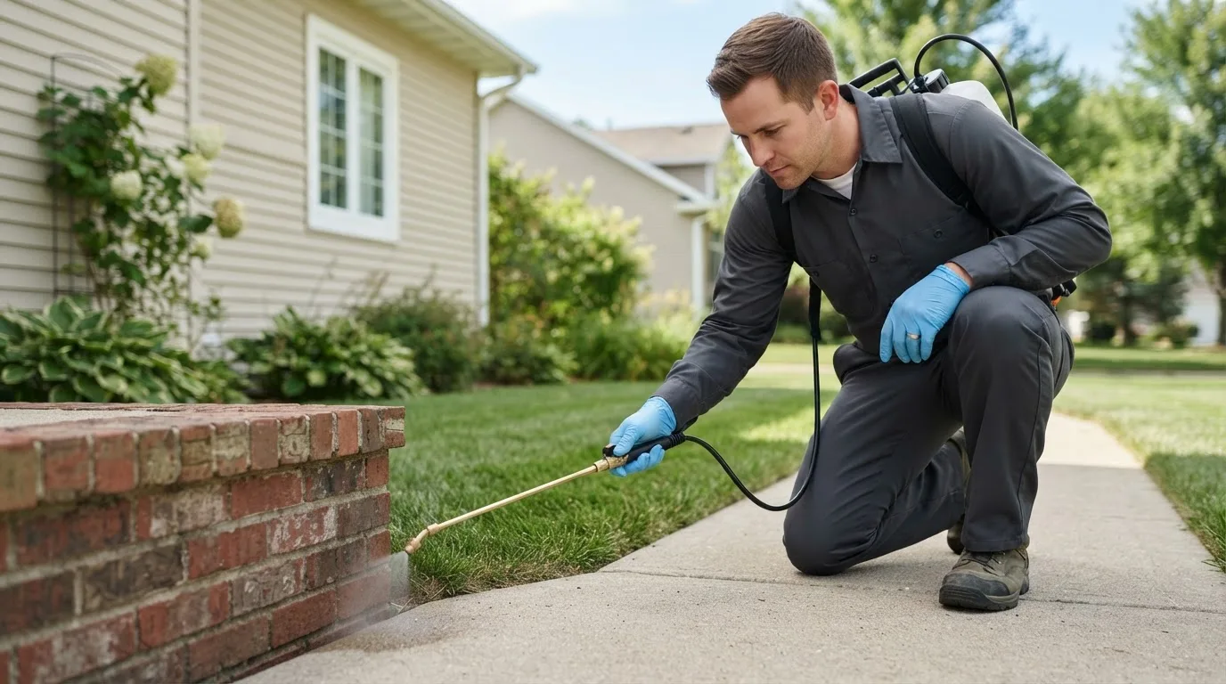 Pest control technician treating a home near Offerman, GA
